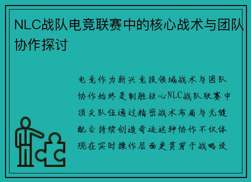 NLC战队电竞联赛中的核心战术与团队协作探讨
