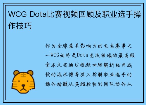 WCG Dota比赛视频回顾及职业选手操作技巧
